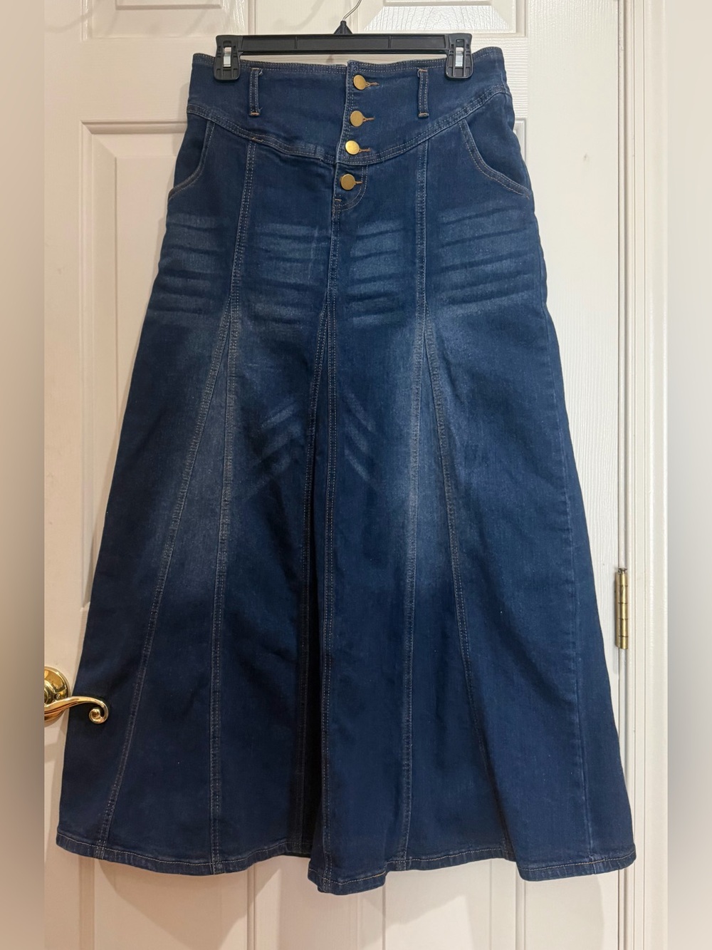 High-Rise Dark Blue Denim Jeans Maxi Skirt with Gold Button Front.